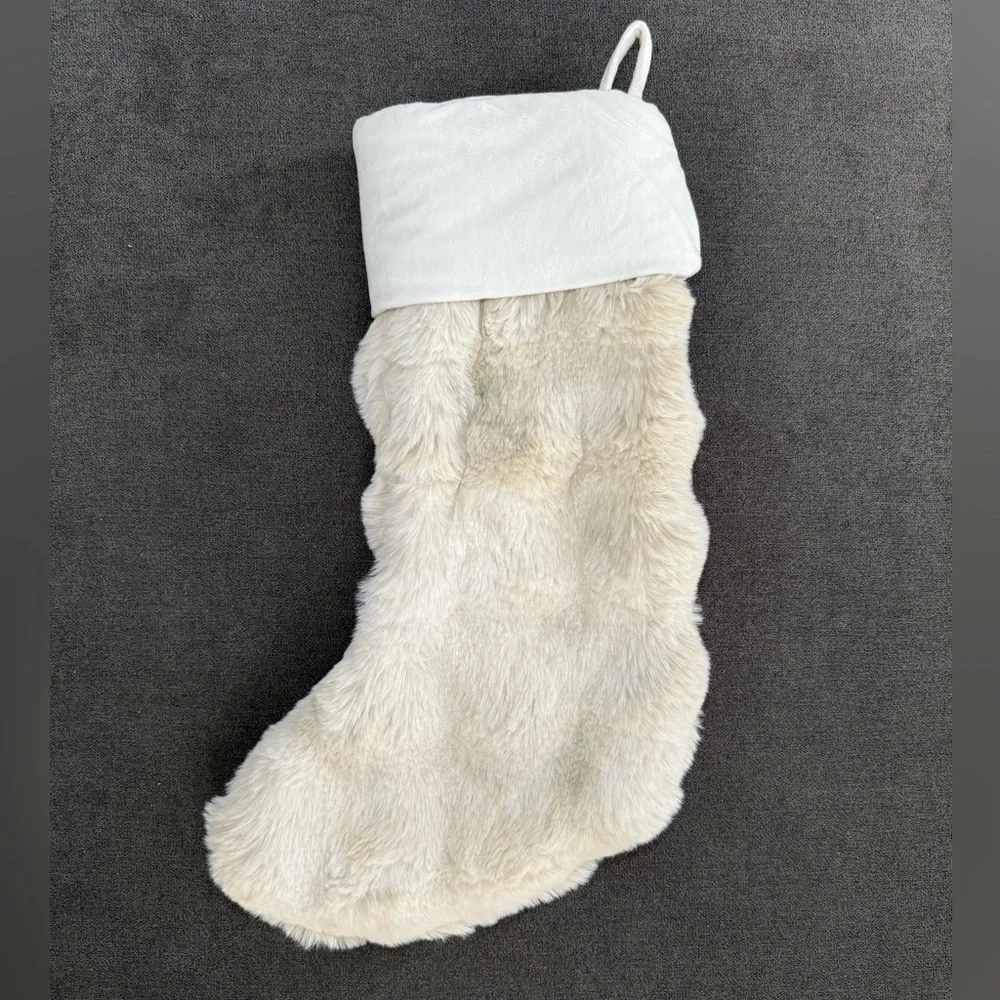Crate & Barrel Arctic Ivory Textured Faux Fur Christmas Stocking